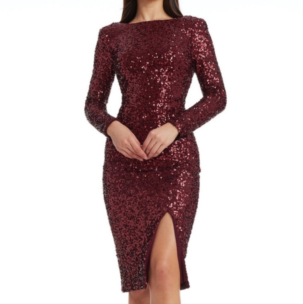 Dress the Population Erin Red Womens Sequins Long Sleeve Cocktail Midi Dress XS